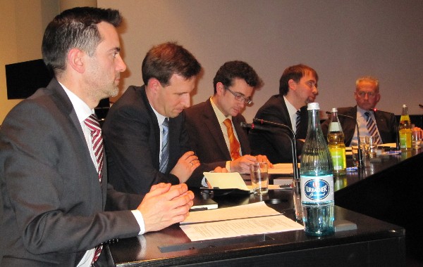 Panel members at the February Young Leadership Forum are (l-r) Ralph Michel, IDS Scheer; Hornung; Reinhardt; Becker; and Gen. Stieglitz.
